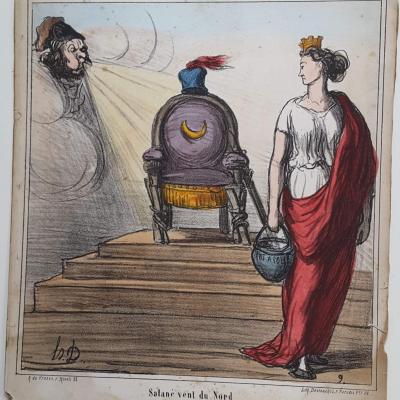 Daumier honore satane vent du nord lithographie en couleurs 1868